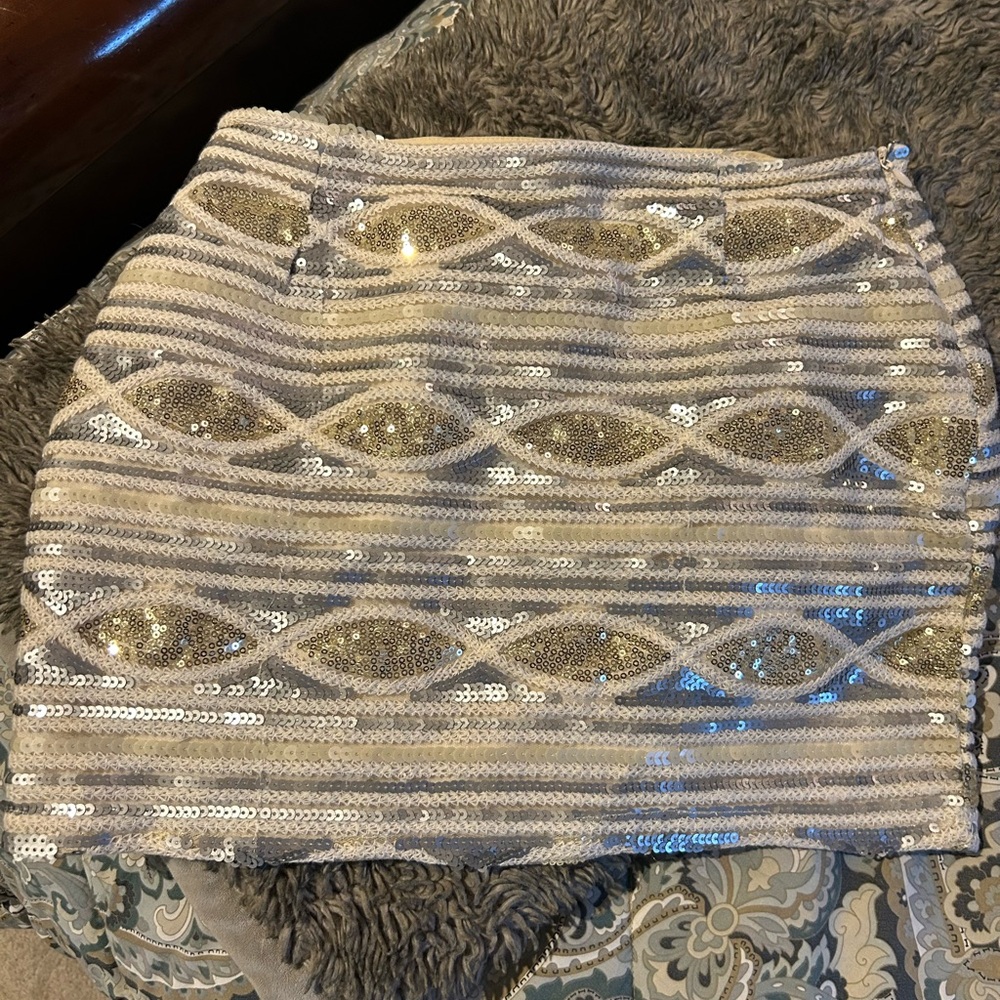 Tobi Silver and Cream Sequin Mini Skirt